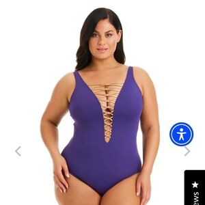 BLEU ROD BEATTIE KORE ONE PIECE HIGH NECK LACE DOWN SWIMSUIT